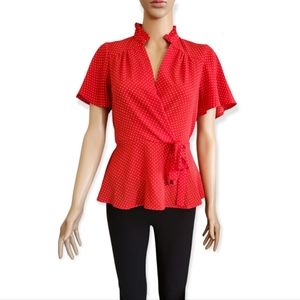Monteau Red & White Polka Dot Flutter Sleeve Peplum Blouse